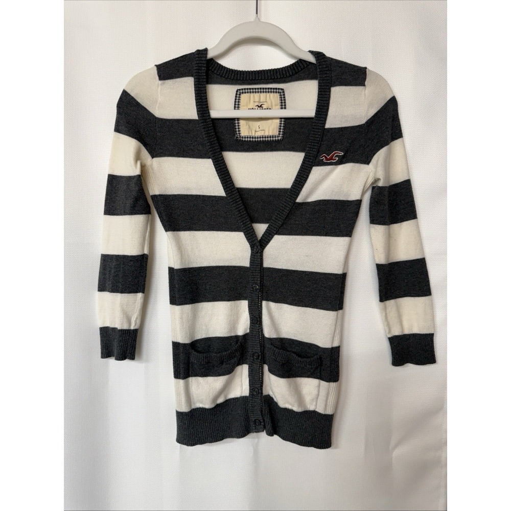 VTG Hollister Cardigan Button Up stripe pockets logo Sz S Academia Y2K Gray